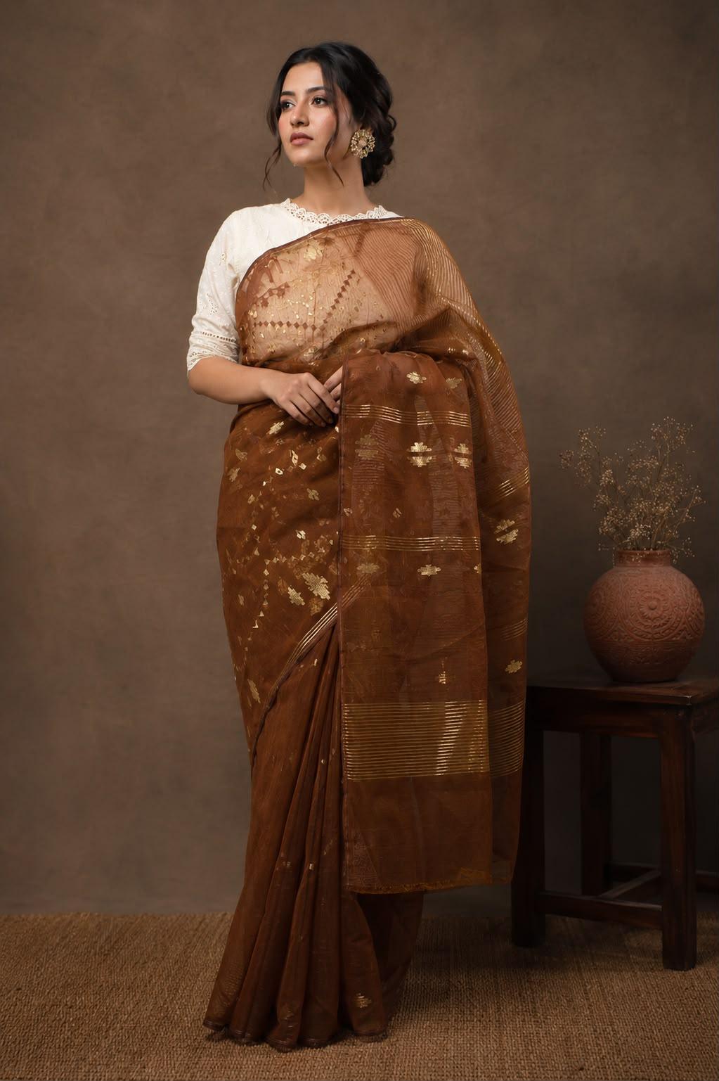 Dhakai Jamdani Elegant Copper Brown Saree with Blouse Piece