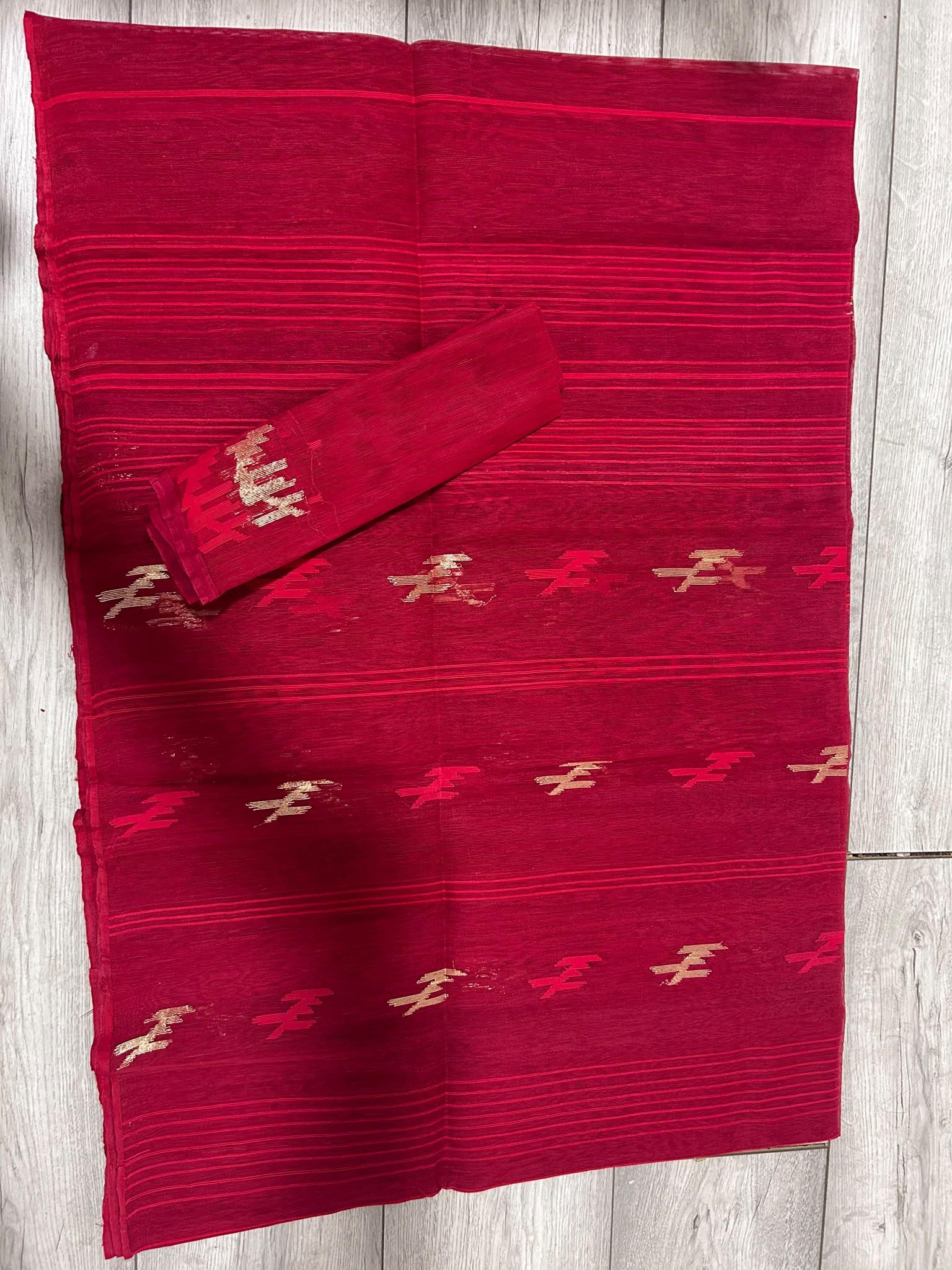 Dhakai Jamdani Classic Crimson Red  Saree with Blouse Piece