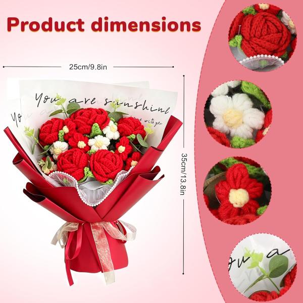 WenYa Handmade Crochet Red Rose Bouquet, Knitted Artificial Flowers with Gift Bag, Forever Flower Bouquet for Mother's Day, Valentine's, Teacher Gifts, Home Decor