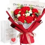 WenYa Handmade Crochet Red Rose Bouquet, Knitted Artificial Flowers with Gift Bag, Forever Flower Bouquet for Mother's Day, Valentine's, Teacher Gifts, Home Decor