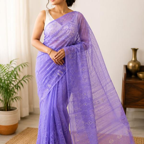 Exquisite Handwoven Lavender Dhakai Jamdani Saree