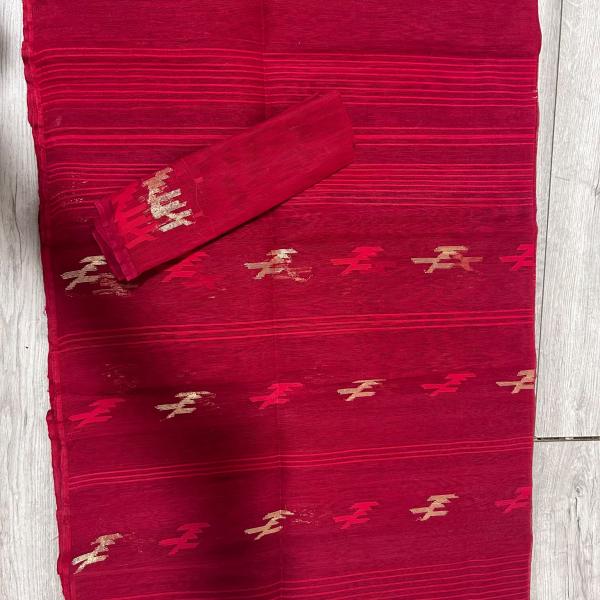 Dhakai Jamdani Classic Crimson Red  Saree with Blouse Piece