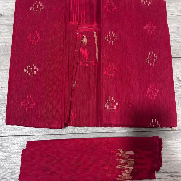 Dhakai Jamdani Classic Crimson Red  Saree with Blouse Piece