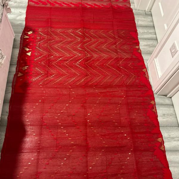 Dhakai Jamdani Radiant Red Chevron  Saree