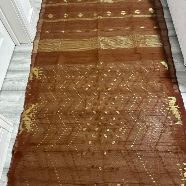 Dhakai Jamdani Elegant Copper Brown Saree with Blouse Piece
